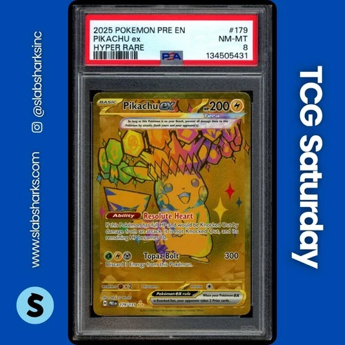 2025 POKEMON PRISMATIC EVOLUTIONS #179/131 PIKACHU EX GOLD HYPER RARE PSA 8