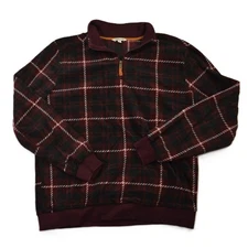 FRYE AND CO Mens Plaid Fleece 1/4 Zip Pullover Sweater Burgundy Black Size L