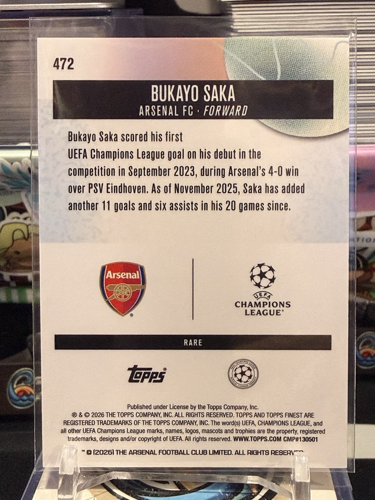 2025-26 Topps Finest UEFA Club Competitions Bukayo Saka Arsenal Rare Blue /99 TZ view 2