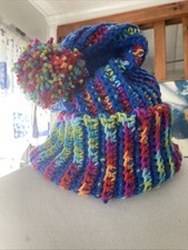 Beanie Hat Toque Chunky Handmade Crochet One Size Acrylic Slouchy Rainbow Pom