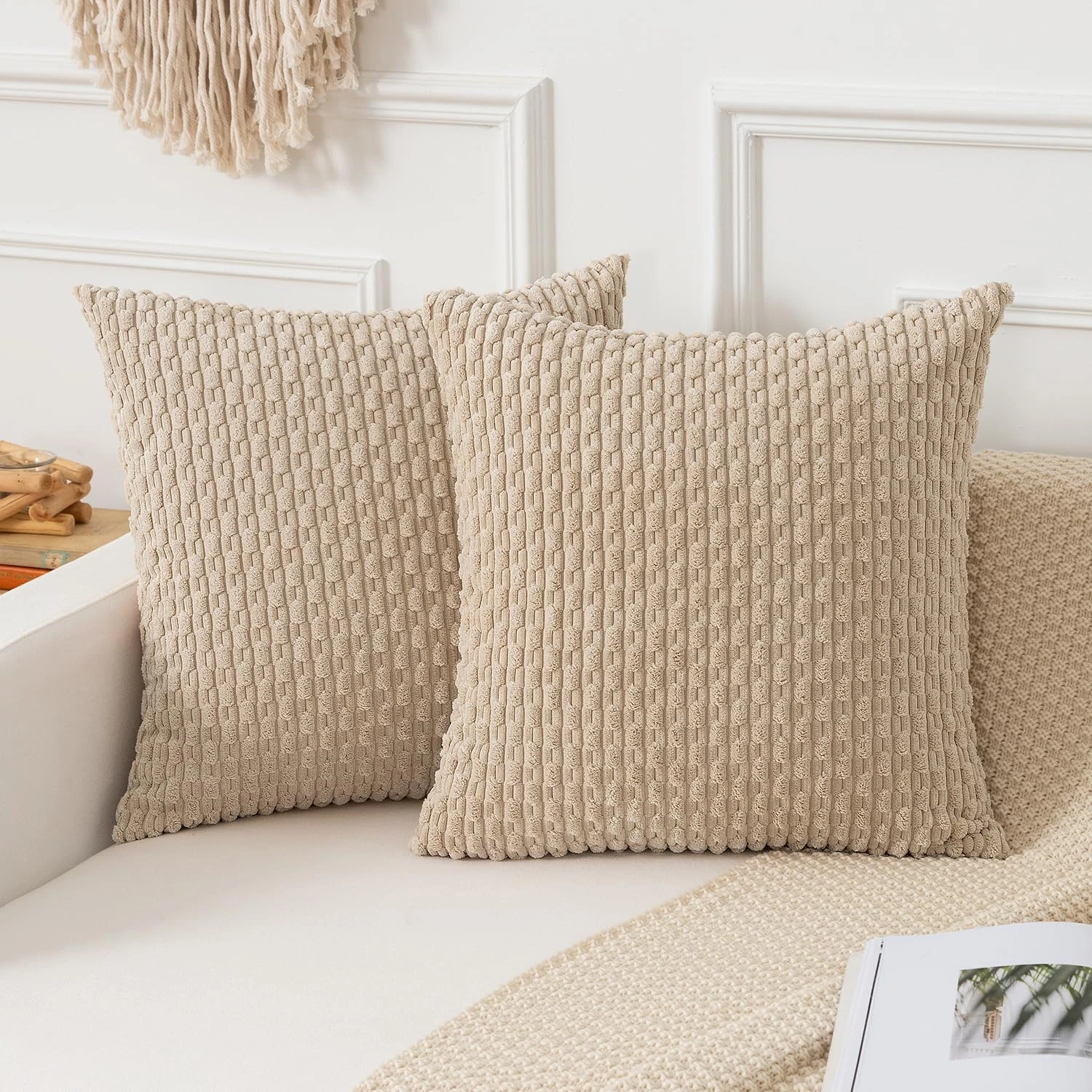 Kevin Textile Throw Pillow Covers Soft Corduroy 22" x (Pack of 2), Beige
