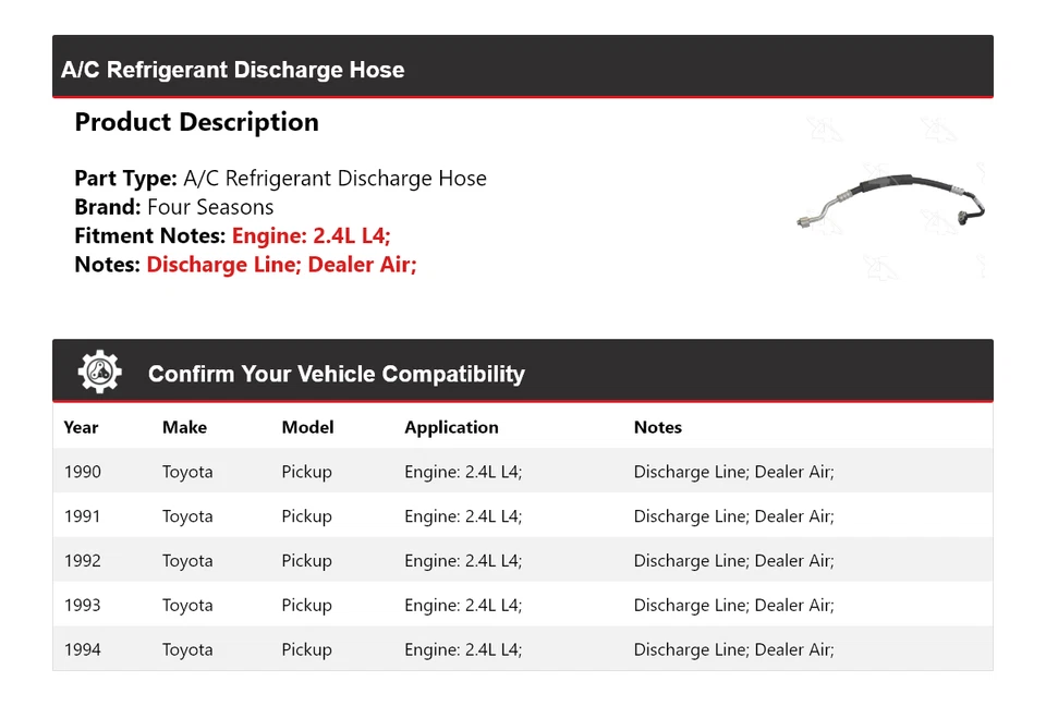 For 1990-1994 Toyota Pickup 2.4L L4 A/C Refrigerant Discharge Hose 4 Seasons - Image 2 of 4