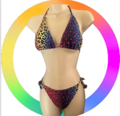 Vtg 1990s Lisa Frank style rainbow animal print swimsuit bikini  2 pc set sz Med