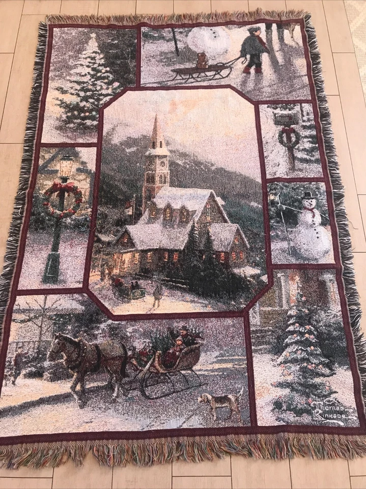 "Manta Thomas Kinkade tapiz 41"" X 60"" con flecos invierno escena de Navidad" Foto 2 de 4