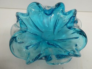 BLUE MURANO BIOMORPHIC AIR BUBBLE BOWL MID CENTURY ART GLASS