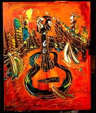 GUITAR ORIGINAL ABSTRACT BY KAZAV  Landscape Painting on Stretched Canvas acas