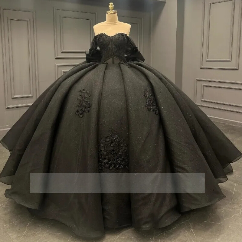 Princess Black Quinceanera Dresses Off Shoulder Lace Applique Prom Gown  Sweet 16 | eBay