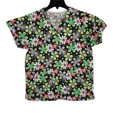 Tafford Scrub Top Size XS With Pockets Brown With Multi Color Flowers