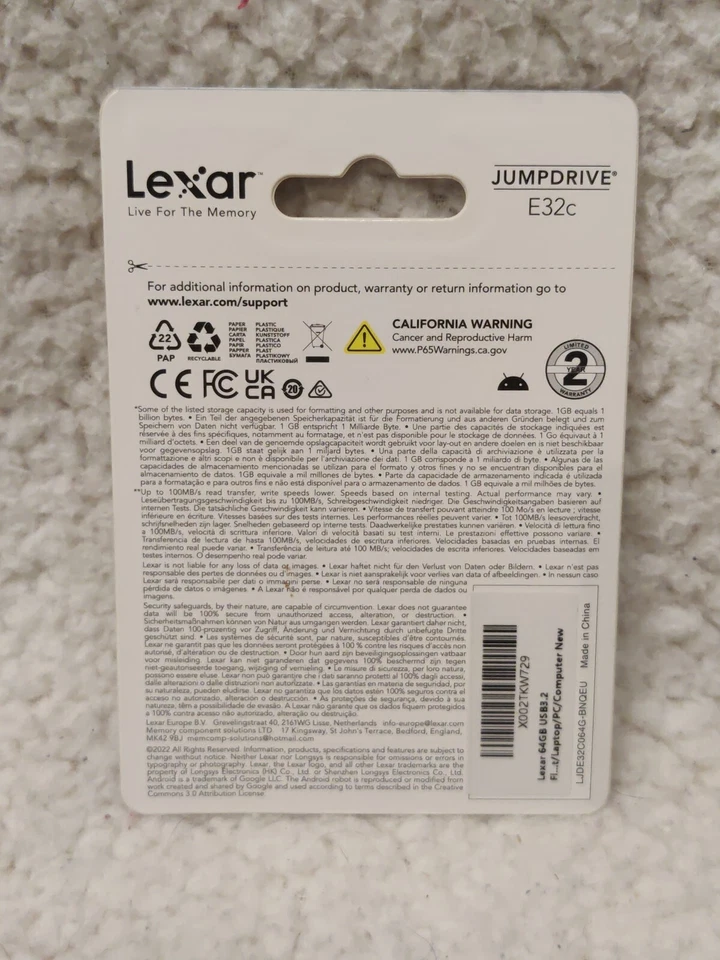 Lexar 64GB USB 3.2 Gen 1 Flash Dual Drive E32c USB Type-C 100MB/s (New/ Sealed) - Image 2 of 2