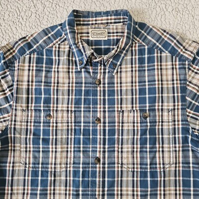 CE Schmidt Workwear Shirt Medium Blue Plaid Button Up Short Sleeve 2 Pocket 
