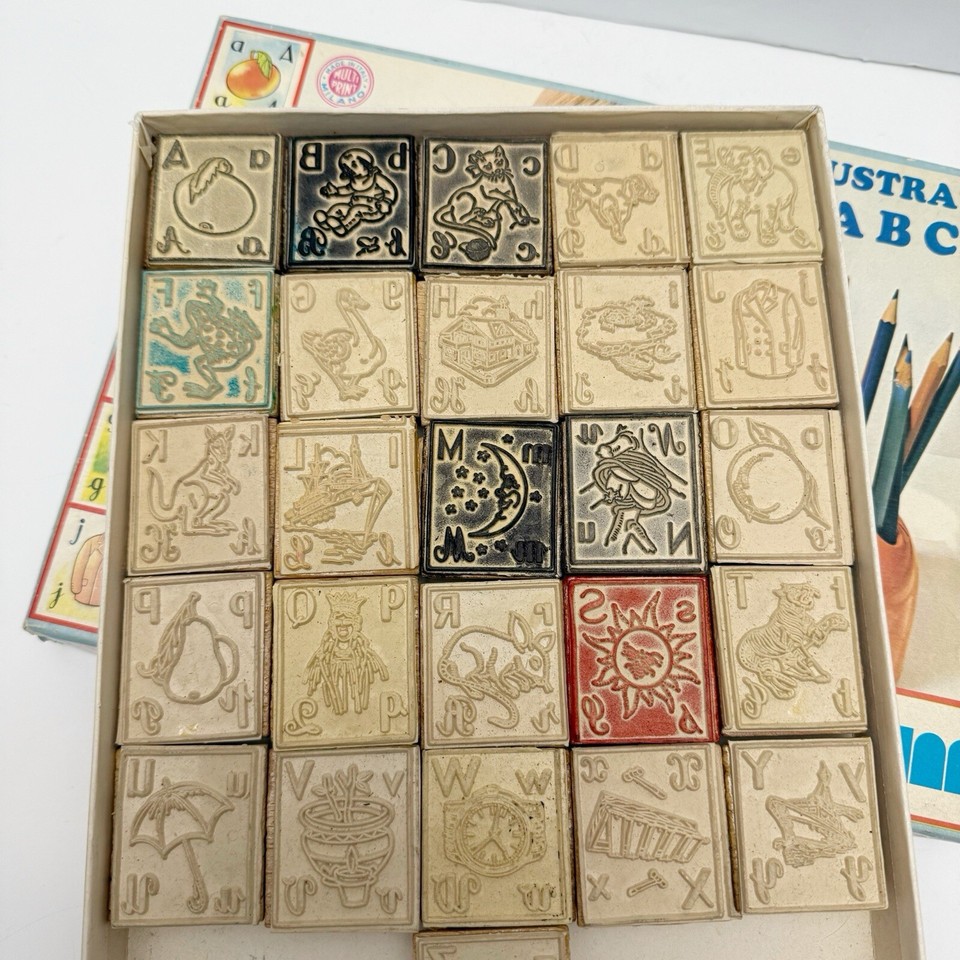 Vintage Lillian Vernon Illustrated ABC Alphabet Rubber Wood Stamp Set