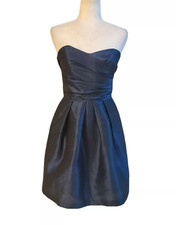 Alfred Sung Midnight Blue Satin Strapless Formal Dress Front Pleats Size 6