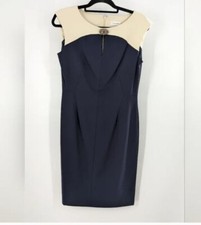 Calvin Klein Size 6 Navy Blue Cream Sleeveless Sheath Dress Womens Career