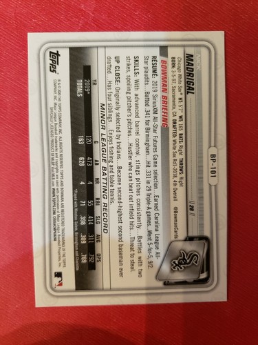 Nick Madrigal 2020 Bowman Paper Base Chicago White Sox, #BP-101 - Bild 3 von 3