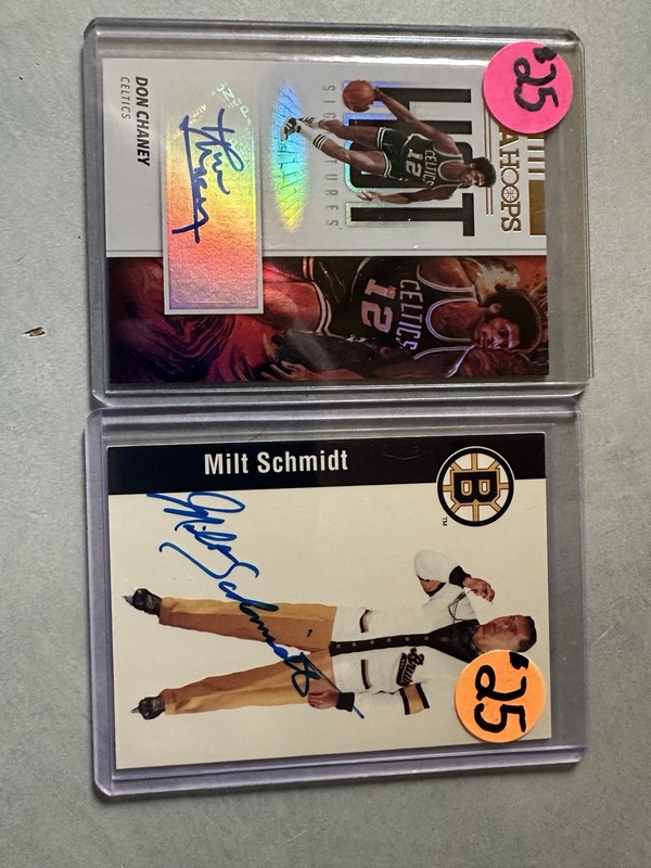 2 CARD BOSTON CELTICS BRUINS AUTO SIGNED LOT DON CHANEY MILT SCHMIDT LEGENDS HOF