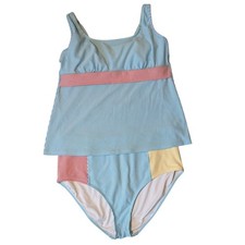 Lands' End Womens Size 18 Blue Seersucker striped Tankini Swimsuit Swim Set
