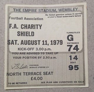 RARE Football Ticket FA Charity Shield Final Arsenal vs Liverpool 11 August 1979