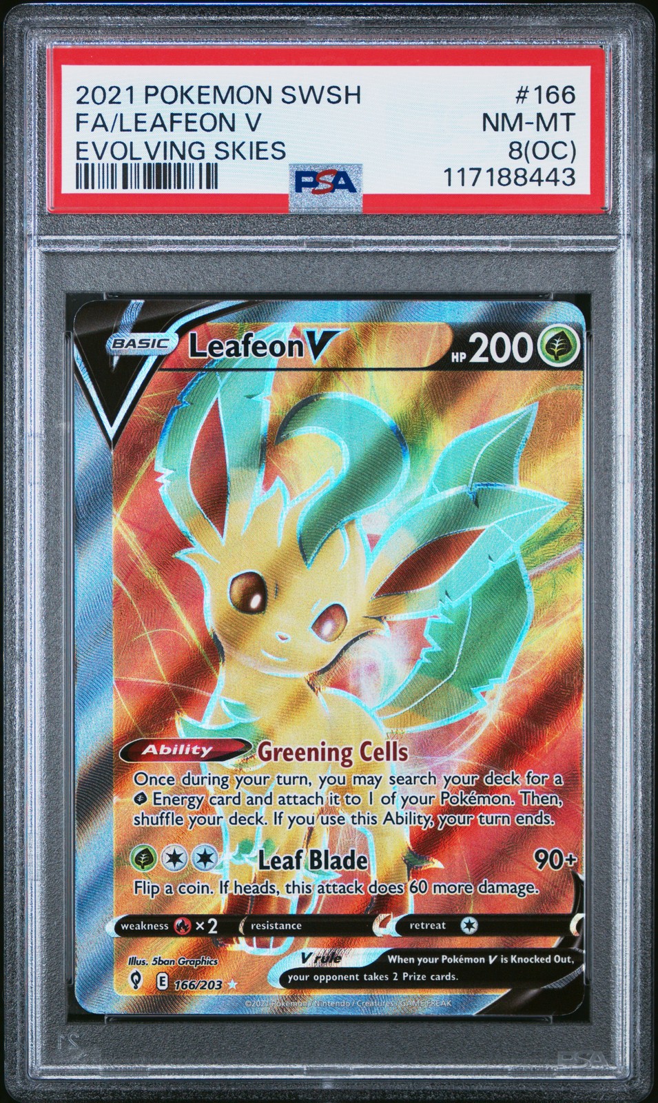 2021 POKEMON SWORD & SHIELD EVOLVING SKIES #166 FULL ART/LEAFEON V PSA 8 OC