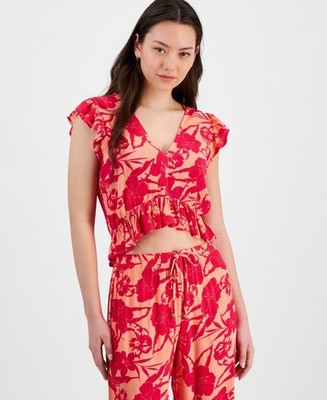 Miken Juniors' Printed Ruffled Cover-Up Top, Desert Flower/Bright Rose, Sz. XL