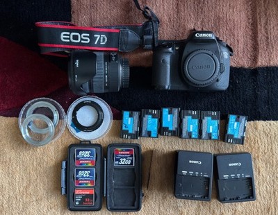 Canon EOS 7D DSLR + Sigma 17-70mm f/2.8-4 Macro Lens + 6 Canon Batt + 5 CF Cards