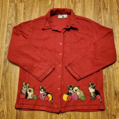 Vintage Kitty Cat Fleece Jacket Women Medium Red Christmas Grandma Cat Lady