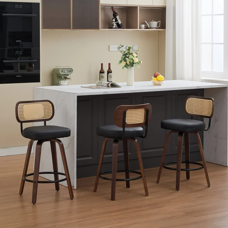 Swivel Kitchen Counter Height Set of 3 Bar Stools Walnut Barstool Side Chair - Image 2 of 4