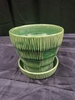 Vintage McCoy USA Green Basket Weave Flower Pot Planter Attached Saucer 4.75”