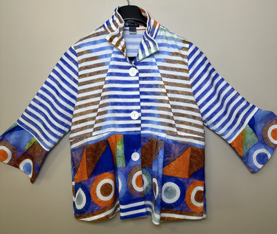 Damee Blue Brown Stripe Geometric Wire Collar Short Jacket Art to Wear Sz L