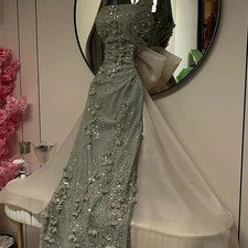 Beaded Square Neck Prom Dress Long A Line Formal Gown Floral Appliques Bow Back