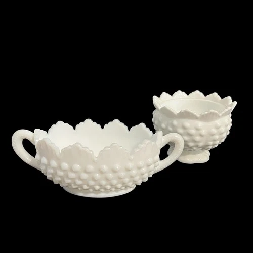 Vintage Fenton Hobnail Milk Glass Bowl and Candle Holder