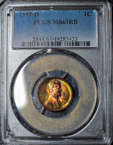 1957-D Lincoln Wheat Cent 1C Penny PCGS MS 63 RB Neon Rainbow Toned Coin CH UNC