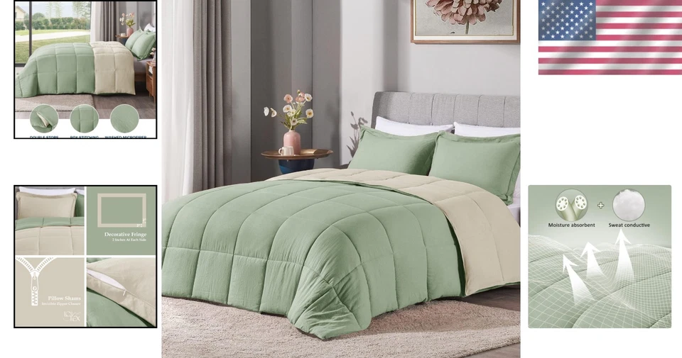 Juego de edredón reversible tamaño queen - salvia/beige ultra suave con fundas de almohada Foto 2 de 4