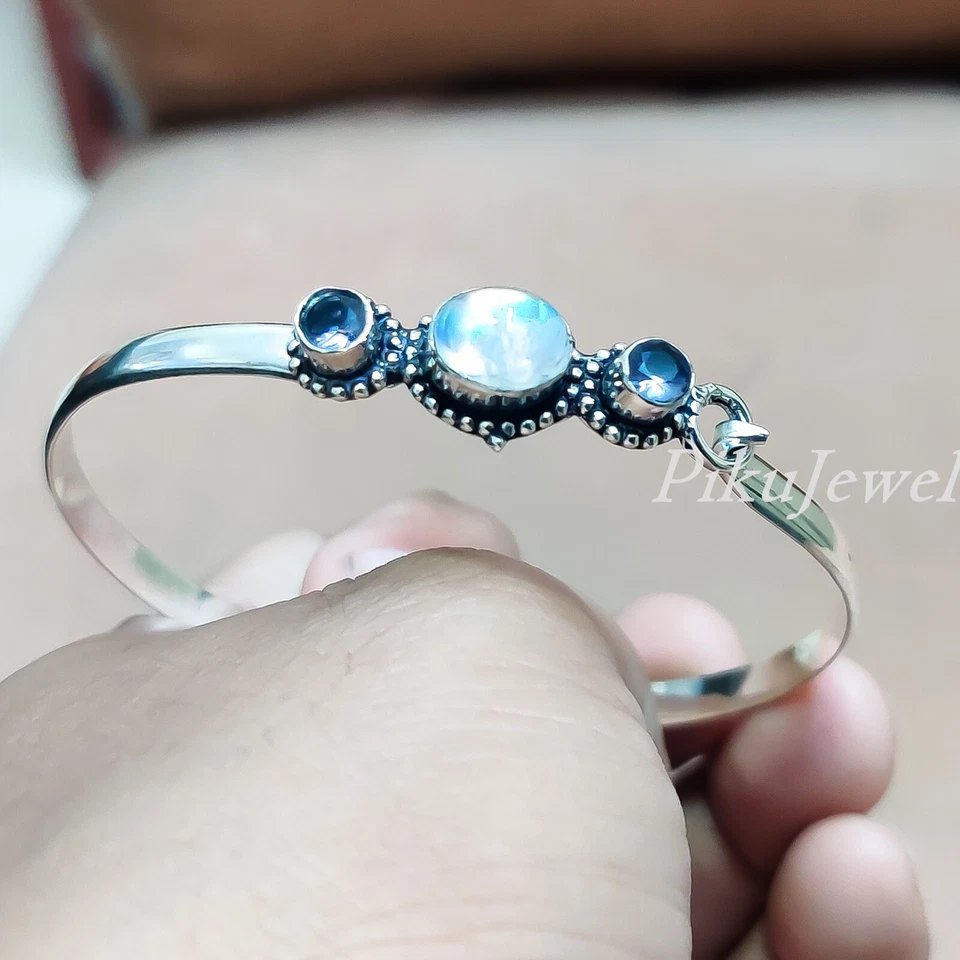 Brazalete brazalete de plata de ley 925 con piedras preciosas de piedra lunar regalo para ella Foto 4 de 4