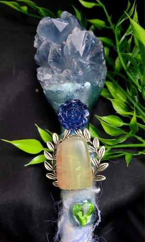 XX Large 16" Handmade Natural Celestite Fluorite Quartz Crystal Wand with Charms - Picture 6 of 24