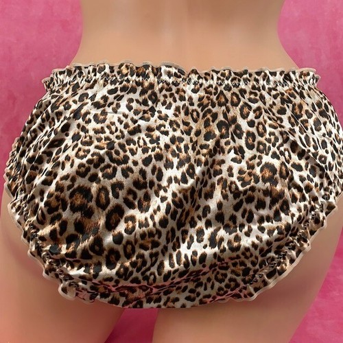 Glossy Brief Panties Silky Bronze Leopard Ruffle Shiny Glam Sissy Knickers XL - Picture 2 of 2