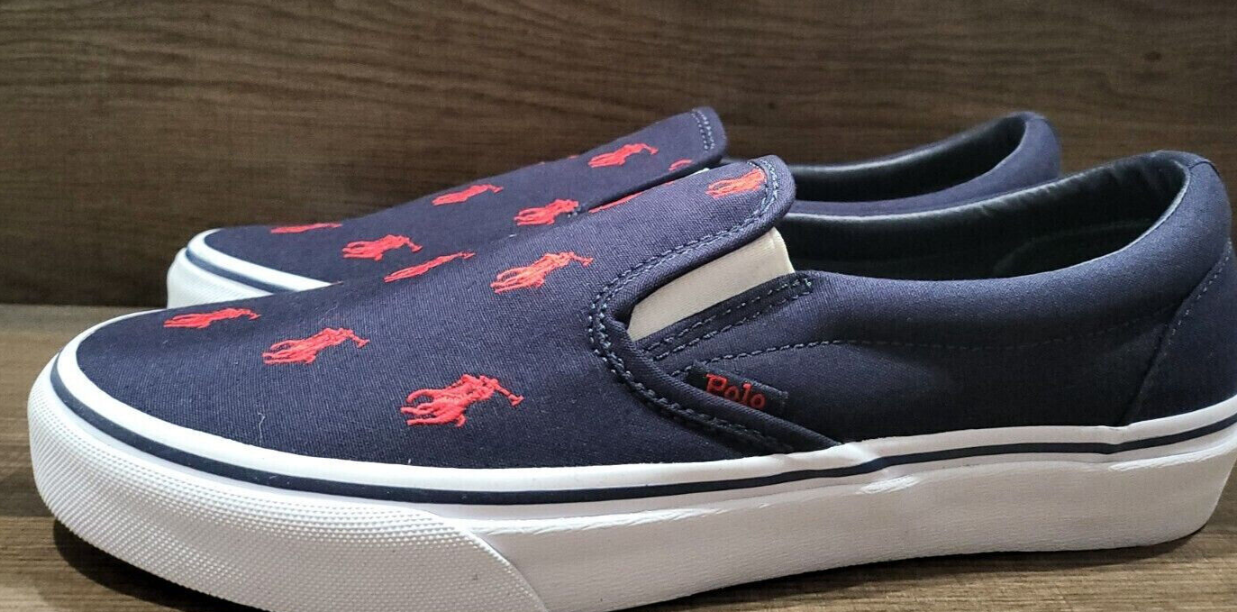 POLO RALPH LAUREN KEATON ALLOVER PONY SLIP ON SCARPE UOMO COLORE NAVY ROSSO TAGLIA 12D