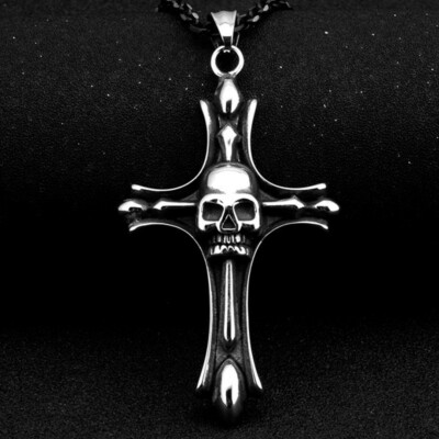 Mens Black Gothic Skull Cross Pendant Necklace Punk Retro Rock Jewelry  Chain 24