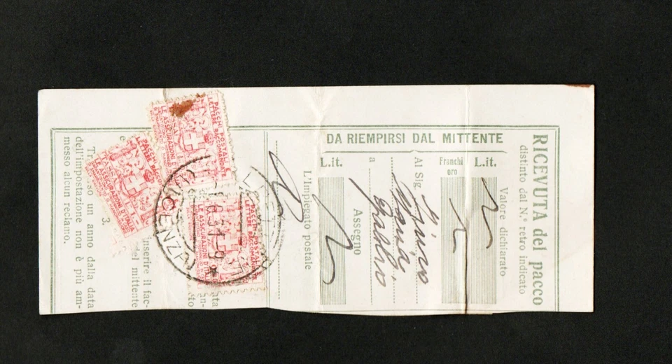 RICEVUTA DI PACCO POSTALE DEL  1-06-1931 - AFFRANCATA CON ASSICURATIVI DA 2(X) - Immagine 2 di 3