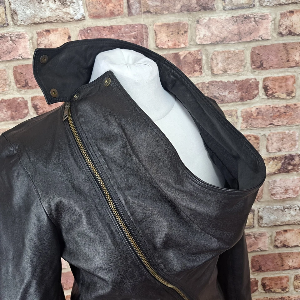 Vintage Vera Pella Leather Jacket Black Biker Cowl Neck Rock Size 42 UK 10 Zip - Image 4 of 4