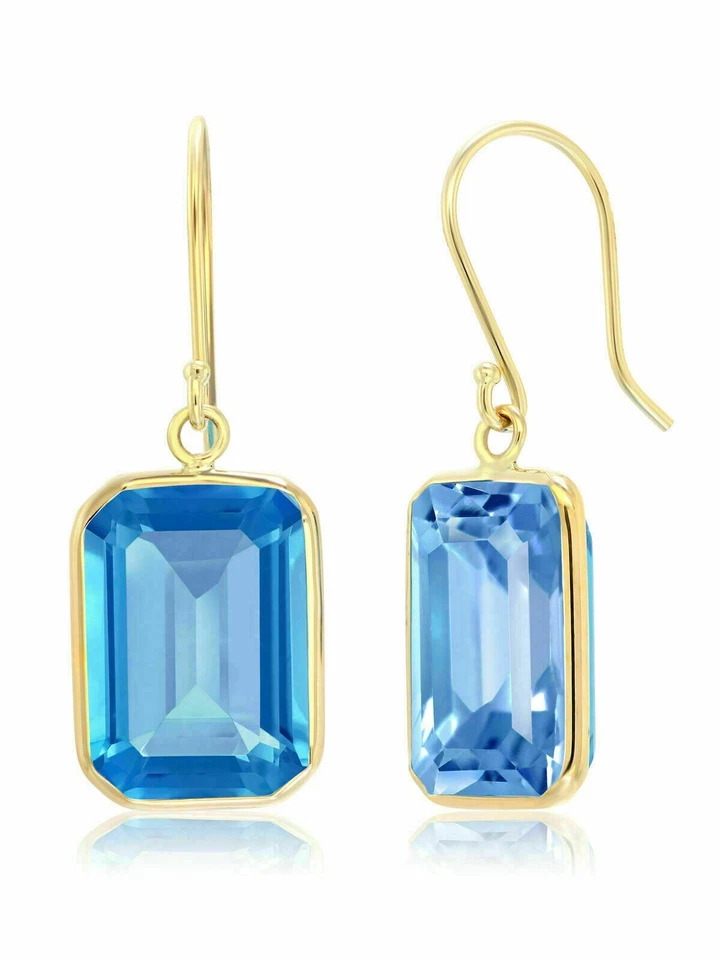 2Ct Emerald Cut Blue Topaz Drop & Dangle Women's Earrings 14k Yellow Gold Finish - Image 3 of 4