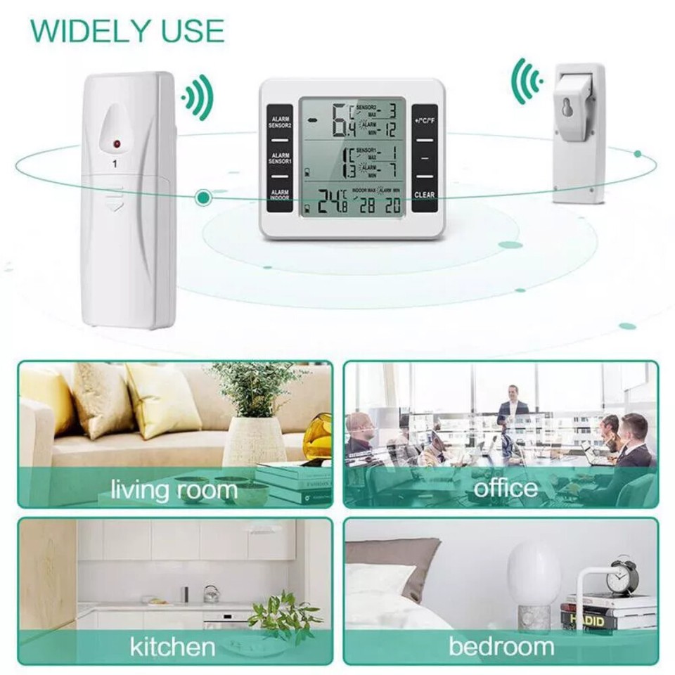 Wireless Digital Refrigerator Freezer Thermometer Fridge Temp Alarm 2 ...