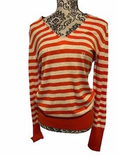 Ann Taylor LOFT Women  s Small LS V-Neck Orange/White Striped Lightweight Sweater