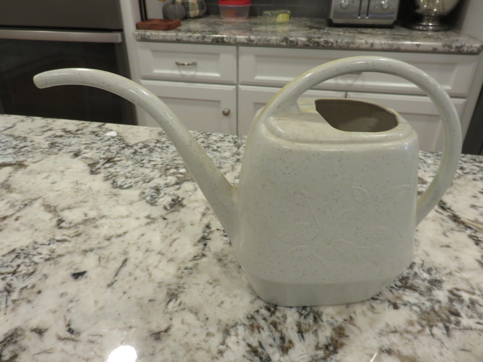 VTG Garden Scene Watering Can Granite Gray Fleck Plastic Leaves AW21