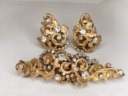 Miriam Haskell Signed Gilt Gold Crystal Rhinestone Earrings & Bar Brooch Set