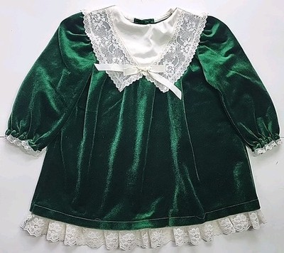 green christmas dress 4t 90s Little Precious Sz 4T Christmas Green Velvet Dress Lace Collar Rosette  USA