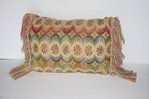 Vintage Rectangular Multicolor Stitched Cord Fringed Pillow