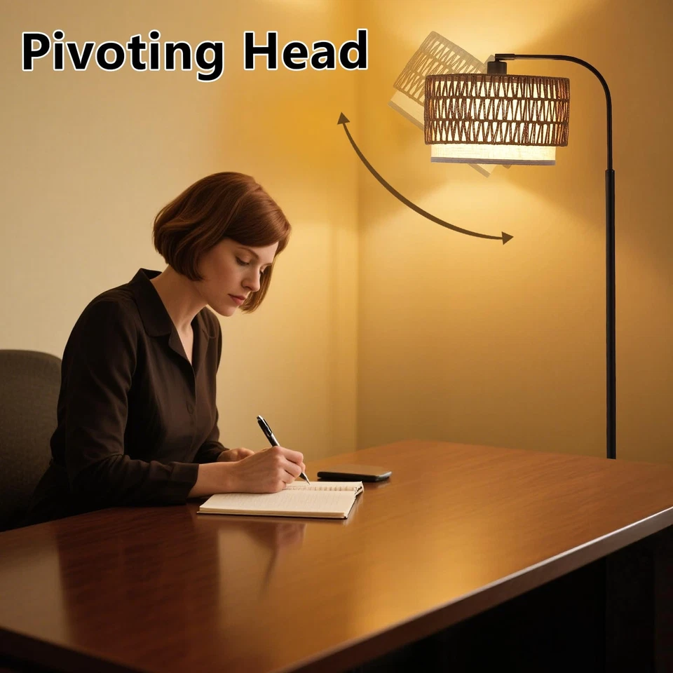 Lámpara de pie de arco para sala de estar, lámpara de pie boho con pantallas de ratán y tela... Foto 4 de 4