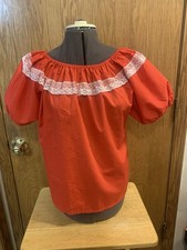 Vintage Pete Bettina Size M Red Square Dance Blouse With White Lace - Sew Read