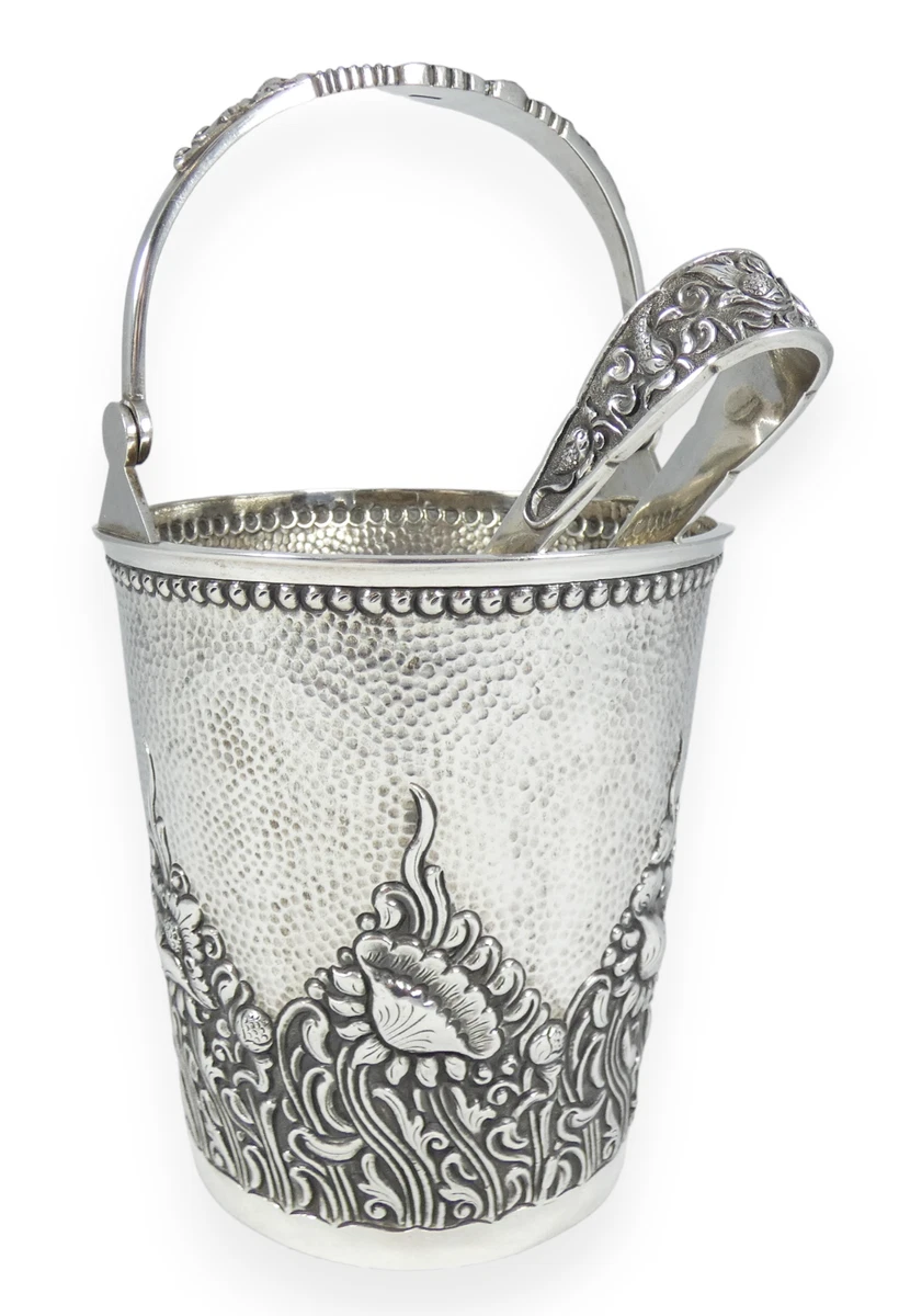 Antique Vintage Djokja Yogya Solid 800 Silver Ice Wine Champagne Bucket Tongs