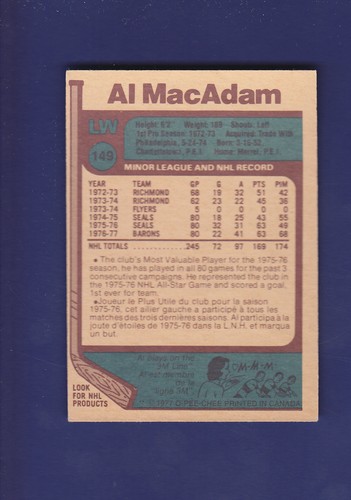 Al MacAdam 1977-78 O-PEE-CHEE OPC NHL Hockey #149 (EXMT) Cleveland Barons - Picture 2 of 2